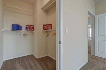 a closet with hooks and shelves in a room with a door